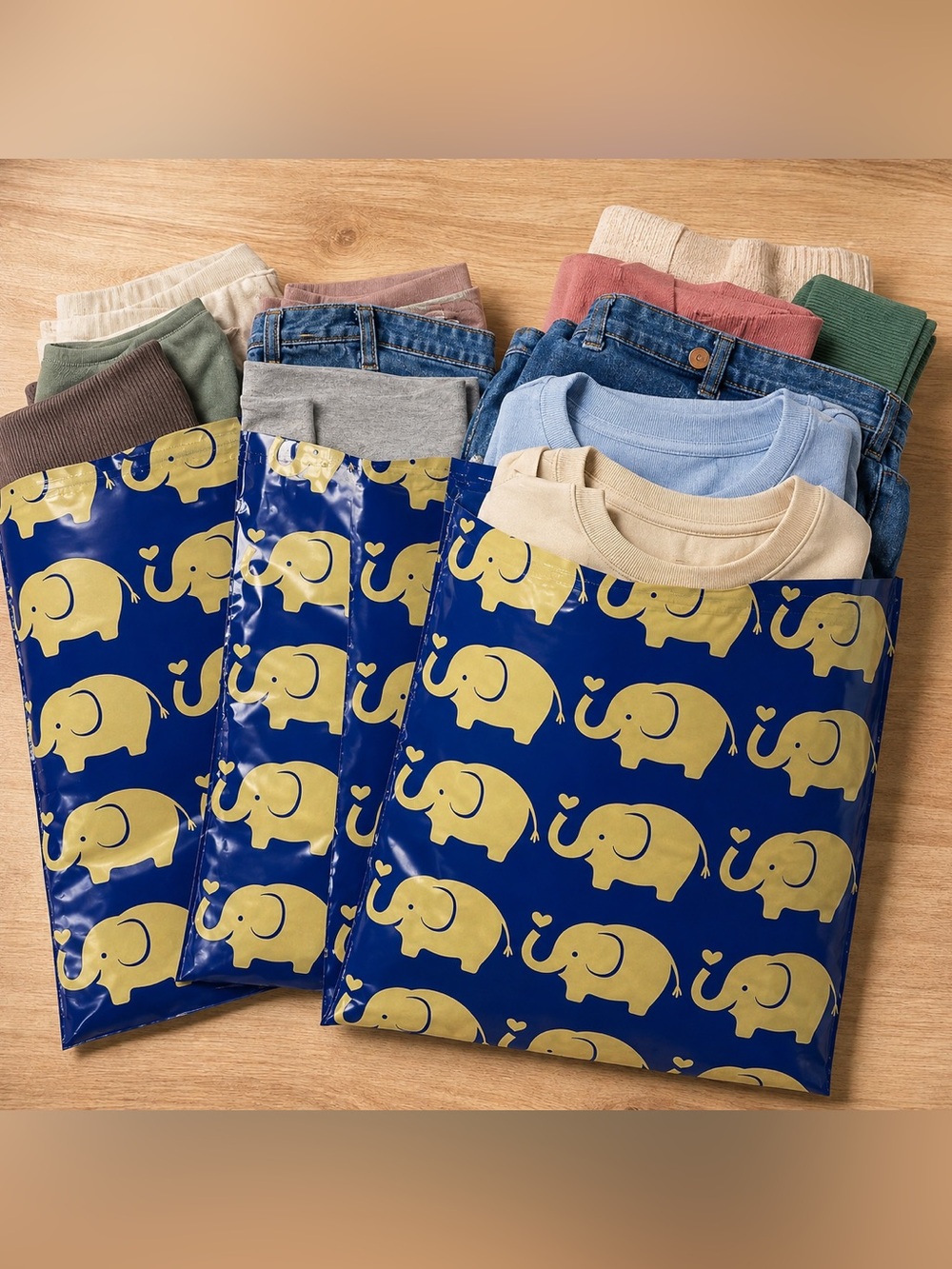 10x13 (100) Blue and Gold Elephant Print Bags